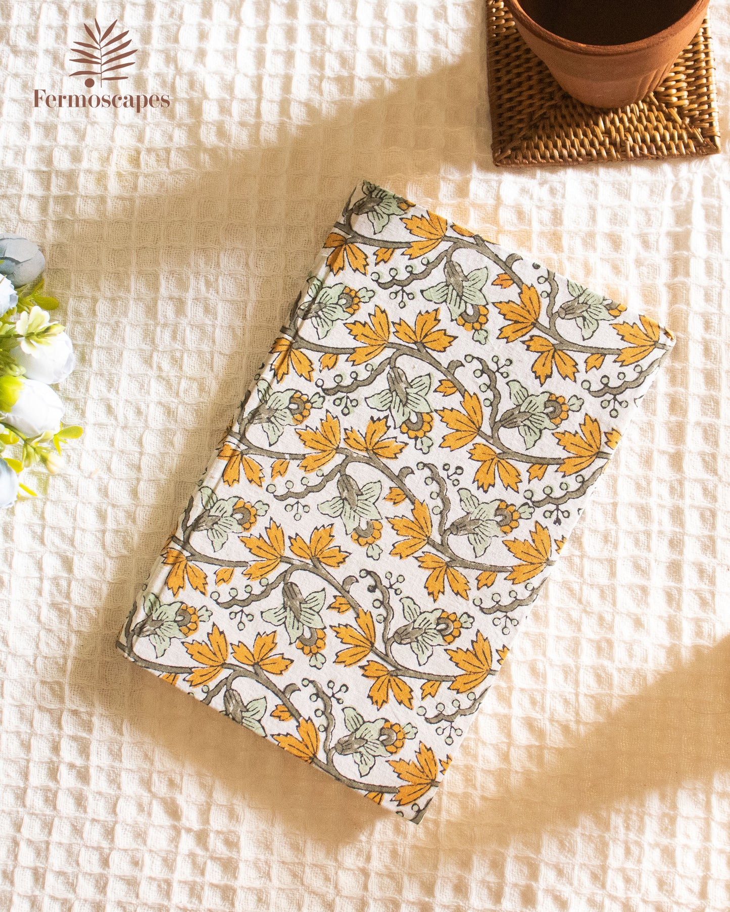 Handmade block printed diary- Yellow and white floral