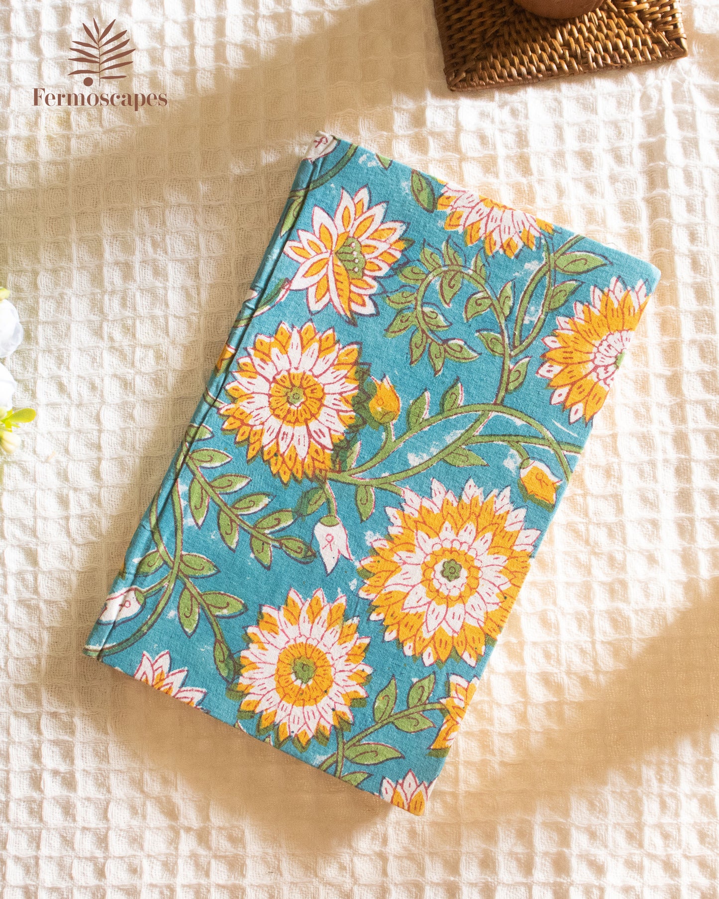 Handmade block printed diary- Yellow and turquoise floral